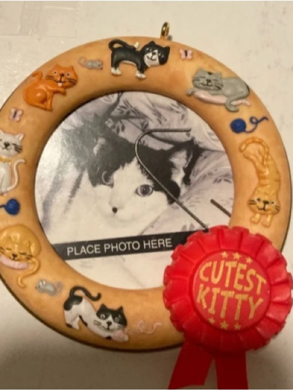 Tan Cat Photo Frame Ornament with Red 'Cutest Kitty' Ribbon